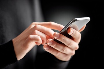 Close-up of hands holding a smartphone tightly, showcasing interaction with device, emphasizing modern technology and digital communication in a dark environment