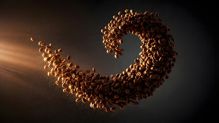 A dynamic stream of rich roasted coffee beans is captured in mid-air with light rays and floating particles against a dark, moody background. Ideal for cafe branding, advertising, and food projects.