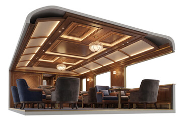 Obraz premium Elegant train cabin featuring spacious seating and intricate ceiling designs.