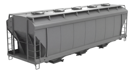 Four-bay covered hopper with sloped ends and several roof hatches.