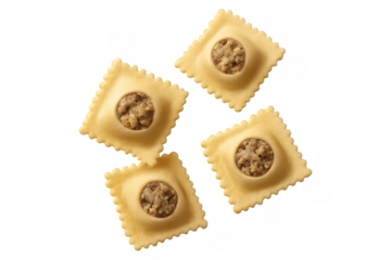 Uncooked italian ravioli pasta with meat filling, square shape and ruffled edges, transparent background