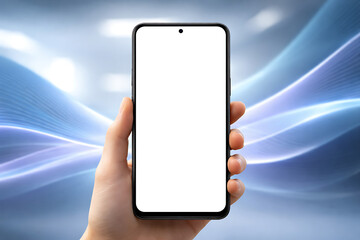 Hand holding smartphone with blank white display on abstract blue light background for technology concept and software interface demonstration in digital space