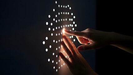 Several hands interact with an interactive light art installation, where a finger touches an illuminated point in a dotted Braille display. This shot highlights technology, touch interaction, and art 