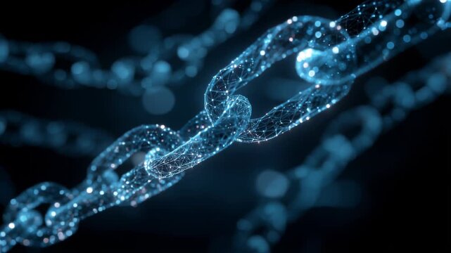 Illuminated particles form secure chain, Lighted digital links stretch across vast dark universe space