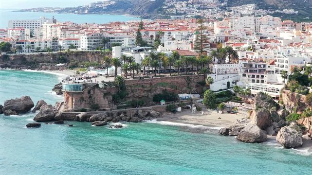 Aerial View of the Balc&oacute;n de Europa Lookout Point and the Dramatic Coastline of Nerja, Andalusia, on the Mediterranean Sea