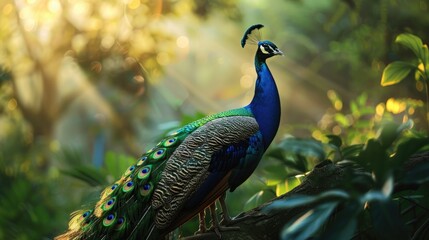 A majestic peacock showing off its bright plumage in a colorful garden.