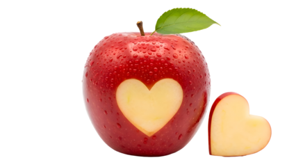 A red apple with a heart shaped cut out and a leaf on top isolated on transparent background