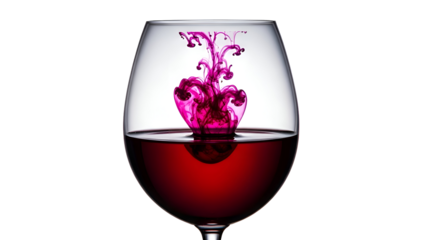 A wine glass with a splash of pink liquid in red wine isolated on transparent background