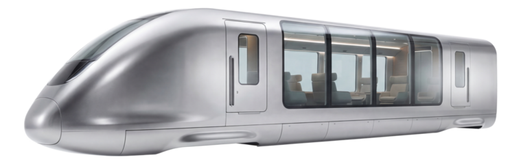 Streamlined train car with a shiny metal exterior and spacious, clear windows.