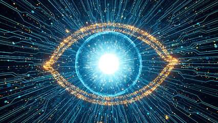 Glowing blue eye with golden outline on dark background with digital elements
