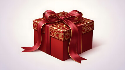 Luxurious red gift box adorned with golden heart pattern and ornate ribbon bow, perfect for special occasions