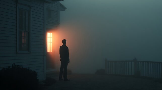A silhouette gazing at a glowing door in the fog
