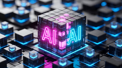 Neon ai cube with glowing blue and pink letters on black circuit board background with futuristic technology elements