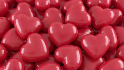 Obraz premium A large group of shiny red heart shapes on a white surface for valentines day