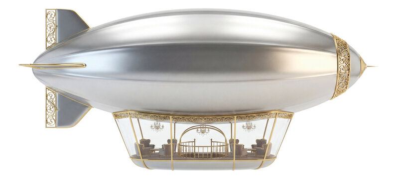 Opulent airship with a glass-bottom gondola and elegant gold accents.