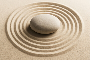 Zen garden stones in the sand promote harmony and serenity through meditation