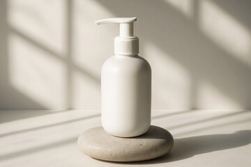 White cosmetic bottles with pump dispensers and a soft towel arranged as clean bathroom skincare packaging isolated on a bright background
