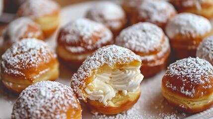 Close up of cream filled donuts with powdered sugar on a white surface in a bright setting