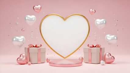 Valentines day gifts and heart decorations on pink background with gold accents and floating hearts
