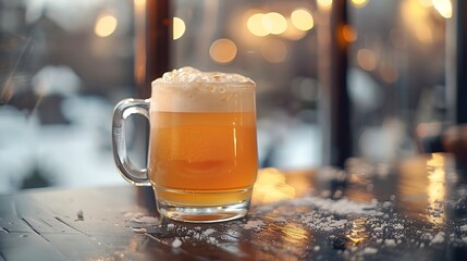 A mug of frothy beer sits on a wooden table with a blurred background and scattered white particles