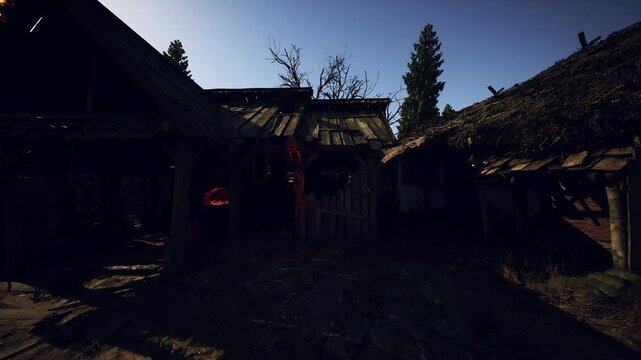 dusk abandoned wooden village with overgrown porches and pine silhouettes, former market stalls dark, beams sagging, warm ember hints through broken windows,