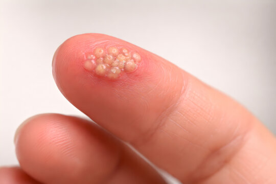 Photorealistic 3D medical depiction of herpes labialis (cold sore), close-up of lower face with lips and chin only, clustered tiny vesicles on the lip border with mild redness and slight crusting