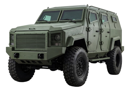 Armored vehicle with run-flat tires and reinforced doors for enhanced protection.