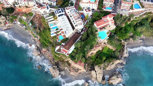 Aerial View of the Balc&oacute;n de Europa Lookout Point and the Dramatic Coastline of Nerja, Andalusia, on the Mediterranean Sea