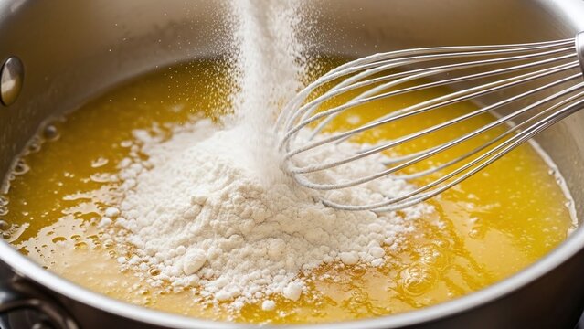 pouring white flour into melted butter in a metal saucepan for roux preparation, French cooking blogs, culinary school tutorials, recipe websites, kitchen skills education, bokeh