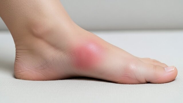 close-up of red swollen ankle for medical information websites, injury prevention blogs, health education presentations, first aid training, orthopedic awareness, with copy space