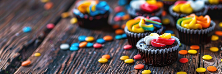 Colorful cupcakes with vibrant frosting and sprinkles on a rustic wooden table. A festive treat perfect for celebrations and parties. copy space, free space for text
