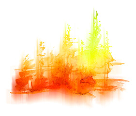 Watercolor autumn forest, silhouette of trees, bushes., Field. Country view.
Postcard, logo, card. A drawing with a reflection of a tree in the water and a glow, blurred. A trendy trend