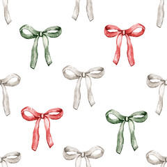Watercolor seamless pattern with Christmas ribbon bows in red, neutral and green. Holiday repeat print on a white background.