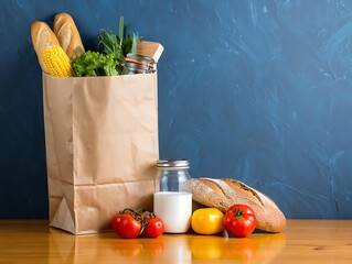 Grocery bag with fresh bread, vegetables, and dairy on wooden table
