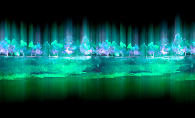 Watercolor autumn forest, silhouette of trees, bushes., Field. Country view.
Postcard, logo, card. A drawing with a reflection of a tree in the water and a glow, blurred. A trendy trend