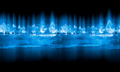 Watercolor autumn forest, silhouette of trees, bushes., Field. Country view.
Postcard, logo, card. A drawing with a reflection of a tree in the water and a glow, blurred. A trendy trend