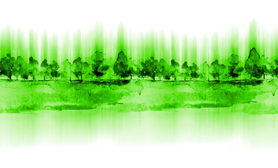 Watercolor autumn forest, silhouette of trees, bushes., Field. Country view.
Postcard, logo, card. A drawing with a reflection of a tree in the water and a glow, blurred. A trendy trend