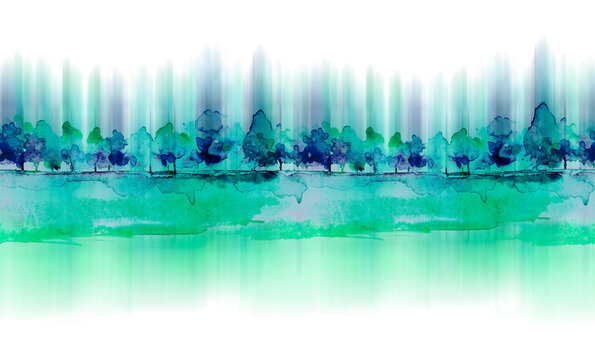 Watercolor autumn forest, silhouette of trees, bushes., Field. Country view.
Postcard, logo, card. A drawing with a reflection of a tree in the water and a glow, blurred. A trendy trend