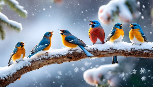 A Charming Scene Of Four Calling Birds Singing On A Snowy Branch Their Vibrant Plumage Contrasting Beautifully With The White Snowflakes Falling Around Them