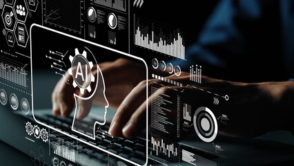 Hands typing on keyboard with AI graphics and data visualization for technology and innovation concepts. Asymptotic smart data analytic.