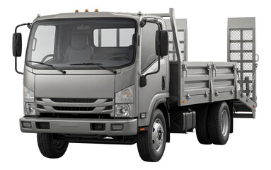 Medium-duty flatbed truck with drop-side steel rails and rear loading ramp.