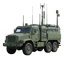 Obraz premium Command vehicle equipped with communication masts and control panels.