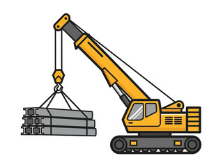 Yellow crane lifting steel beams construction industry equipment.