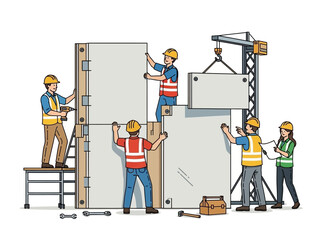 Construction workers assembling large panels on a building site. © Gerry