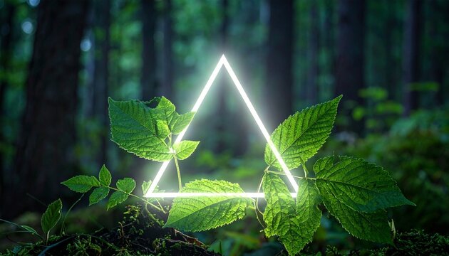 Glowing neon equilateral triangle superimposed over green forest leaves, symbolizing fusion of natural and digital aesthetics, organic‑synthetic contrast, and modern visual storytelling.