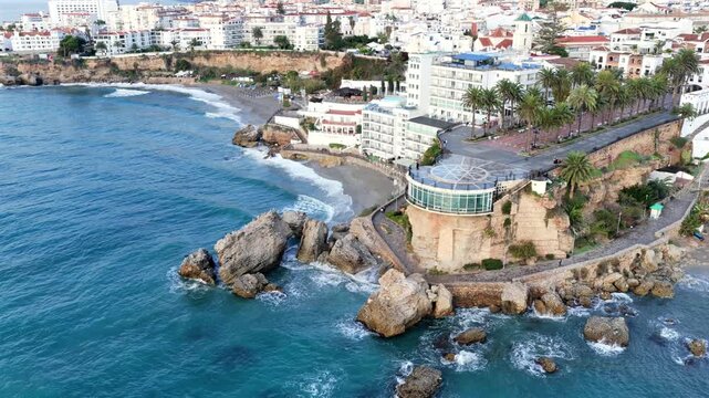 Aerial View of the Balc&oacute;n de Europa Lookout Point and the Dramatic Coastline of Nerja, Andalusia, on the Mediterranean Sea