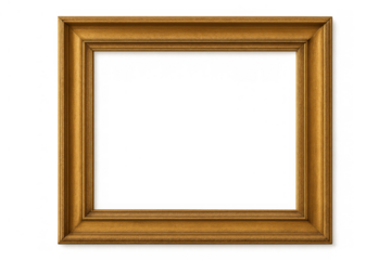 Golden ornate picture frame with a classic wooden texture, empty rectangular border, including transparent background for easy use