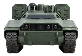 Tracked vehicle with front sensors and rear missile storage.