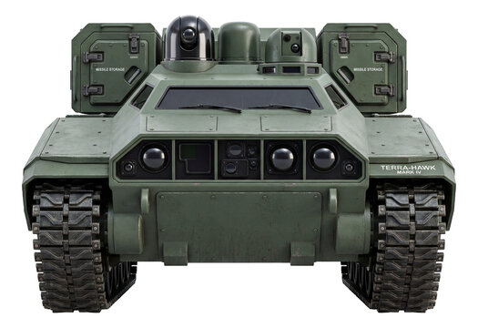 Tracked vehicle with front sensors and rear missile storage.