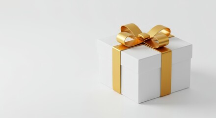 Obraz premium Elegant square white gift box with a luxurious golden ribbon and bow, perfectly isolated on a clean white background, ready for holidays ,container ,giving ,box